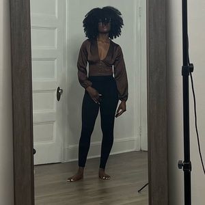 Brown Satin Button Up Blouse